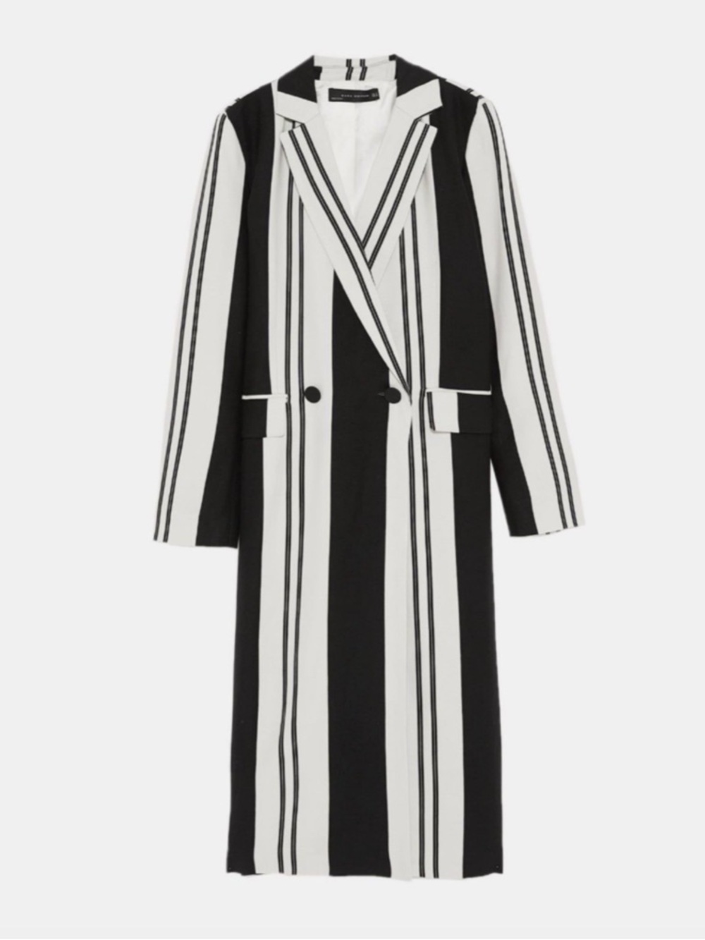 Zara Woman Black/Winter White Striped Longline Blazer Coat Jacket Linen Blend
